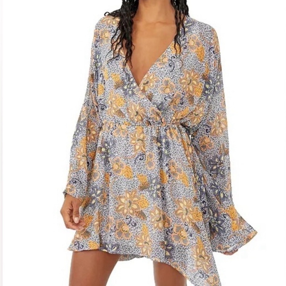 Free People Teegan Sky Floral Boho Long Sleeve Wrap Mini Tunic Dress Size L